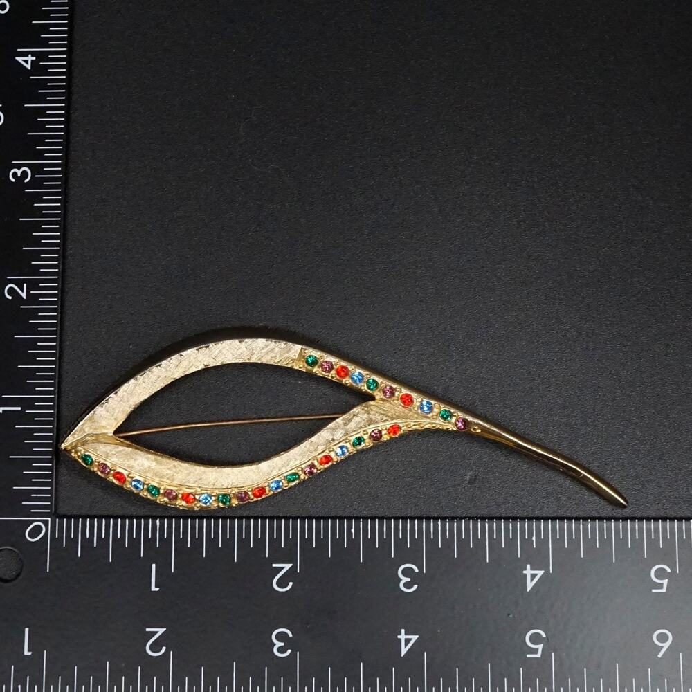 Vintage Designer Leaf Motif Rhinestone Brooch Multicolor Gold-Tone Maximalist - Picture 6 of 8